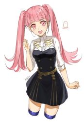 Rule 34 | 1girl, ascot, black dress, blue thighhighs, clenched hand, cropped legs, dress, eyelashes, fire emblem, fire emblem: three houses, fon-due (fonfon), garreg mach monastery uniform, hilda valentine goneril, long hair, long sleeves, looking at viewer, nintendo, open mouth, pink eyes, pink hair, shirt, simple background, solo, thighhighs, twintails, white ascot, white background, white shirt