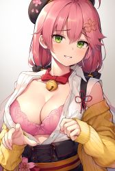 Rule 34 | 1girl, absurdres, ahoge, bell, blush, bra, breasts, cleavage, flower, green eyes, hair bell, hair ornament, hairclip, hat, highres, hololive, jingle bell, large breasts, long hair, looking at viewer, neck bell, off shoulder, open clothes, open shirt, pink bra, pink hair, sakura miko, sakura miko (casual), shirt, simple background, smile, solo, sweater, sy4, underwear, upper body, virtual youtuber, white shirt