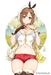 Rule 34 | 1girl, artist name, atelier (series), atelier ryza, atelier ryza 1, bad id, bad pixiv id, blush, breasts, brown eyes, brown gloves, brown hair, brown thighhighs, cleavage, closed mouth, gloves, hair ornament, hairclip, hat, jewelry, koshio, large breasts, looking at viewer, midriff, navel, necklace, red shorts, reisalin stout, short hair, short shorts, shorts, single glove, solo, star (symbol), star necklace, thighhighs, thighs, white hat, white thighhighs