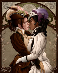 Rule 34 | 2girls, arm around neck, art nouveau, ass grab, black hair, breast press, breasts, brown dress, brown gloves, brown hair, closed eyes, commentary, curly hair, dark-skinned female, dark skin, dress, english commentary, freckles, glasses, gloves, hat, hat feather, highres, imminent kiss, interracial, juliet sleeves, large breasts, long dress, long hair, long sleeves, medium hair, multiple girls, nel rivas, nose, open mouth, original, pince-nez, puffy sleeves, ringlets, semi-rimless eyewear, symmetrical docking, under-rim eyewear, updo, very dark skin, victorian, white dress, white gloves, wrist cuffs, yuri