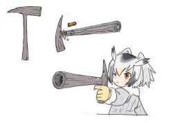 Rule 34 | 10s, 1girl, ;(, bird wings, black hair, blonde hair, closed mouth, cross-section, facing away, feathered wings, feathers, finger on trigger, frown, fur collar, gloves, gun, hair between eyes, head wings, holding, holding gun, holding weapon, kemono friends, long sleeves, looking away, multicolored hair, northern white-faced owl (kemono friends), one eye closed, orange eyes, pickaxe, roonhee, short hair, sidelocks, simple background, solo, tsurime, upper body, weapon, white background, white hair, wings, yellow gloves