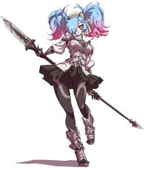 Rule 34 | 1girl, armor, black skirt, blue hair, breastplate, fire emblem, fire emblem fates, full body, gauntlets, gluteal fold, gradient hair, hair over one eye, high heels, long hair, looking at viewer, mazume, multicolored hair, nintendo, pantyhose, parted lips, peri (fire emblem), pink hair, polearm, red eyes, simple background, skirt, smile, solo, spear, twintails, weapon, white background