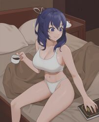 Rule 34 | 1girl, ao no kiseki, book, bra, breasts, cleavage, closed mouth, coffee, coffee cup, cup, disposable cup, eiyuu densetsu, falcom, hair between eyes, highres, indoors, large breasts, long hair, navel, on bed, panties, pillow, purple eyes, purple hair, rixia mao, sitting, smile, solo, underwear, wangxiii, white bra, white panties, zero no kiseki