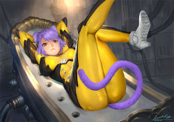 Rule 34 | 1girl, animal ears, ariverkao, arms behind head, arms up, blue eyes, bodysuit, breasts, cat ears, cat tail, closed mouth, dated, high heels, large breasts, looking at viewer, lying, on back, original, purple hair, short hair, signature, solo, tail, yellow bodysuit