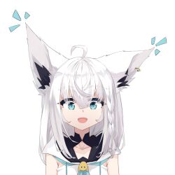 Rule 34 | 1girl, absurdres, ahoge, animal ear fluff, animal ears, blue neckerchief, bookey, braid, collarbone, commentary request, earrings, fox ears, fox girl, green eyes, hair between eyes, highres, hololive, hood, hoodie, jewelry, long hair, looking at viewer, neckerchief, notice lines, open mouth, shirakami fubuki, shirakami fubuki (1st costume), sidelocks, single braid, solo, transparent background, virtual youtuber, white hair, white hoodie