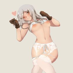 Rule 34 | 1girl, blush, bra, breasts, breasts out, brown eyes, clothes lift, fire emblem, fire emblem awakening, garter belt, grey hair, highres, kyousa38, long hair, looking at viewer, lying, medium breasts, nintendo, nipples, on back, one eye closed, parted lips, robin (female) (fire emblem), robin (fire emblem), robin (male) (fire emblem), shirt lift, smile, solo, underwear