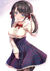 Rule 34 | 1girl, black hair, blouse, blue eyes, blue skirt, blush, bow, breasts, commentary request, cowboy shot, frilled shirt, frilled shirt collar, frilled skirt, frills, hair ribbon, hand up, high-waist skirt, highres, holding, holding own hair, hololive, large breasts, long hair, long sleeves, looking at viewer, oozora subaru, oozora subaru (casual), pantyhose, red bow, red ribbon, ribbon, shirt, skirt, solo, standing, twintails, virtual youtuber, white background, white shirt, yuano