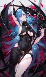 Rule 34 | 1girl, absurdres, armpits, azur lane, black dress, black horns, black wings, blue eyes, blue hair, breasts, covered navel, demon wings, dress, flower, halloween costume, highres, hip vent, horns, large breasts, long bangs, long hair, looking at viewer, mary celeste (azur lane), mary celeste (grim night&#039;s reaper) (azur lane), official alternate costume, parted lips, pointy ears, qiandaiyiyu, red flower, red rose, rose, scythe, solo, torn clothes, torn dress, wet, wings