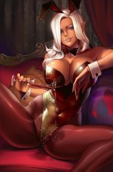 Rule 34 | 1girl, animal ears, black pantyhose, breasts, cleavage, covered navel, cup, dantewontdie, dark-skinned female, dark skin, detached collar, drinking glass, elf, fake animal ears, green eyes, hair over one eye, highleg, highleg leotard, large breasts, leotard, lips, looking at viewer, original, pantyhose, parted lips, playboy bunny, pointy ears, pouring, pouring onto self, rabbit ears, sitting, smile, solo, spread legs, white hair, wine glass, wrist cuffs