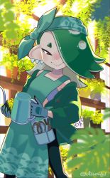 Rule 34 | 1girl, absurdres, alternate color, apron, bandana, chest sarashi, earrings, fern, gloves, green hair, greenhouse, highres, jacket, looking at viewer, mimimimiguchan, nintendo, octoling, octoling player character, off shoulder, plant, potted plant, red eyes, sarashi, shelf, shiver (splatoon), smile, solo, splatoon (series), splatoon 3, tentacle hair, tooth earrings, watering can