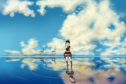 Rule 34 | 1girl, absurdres, ahoge, arm at side, blue sky, brown hair, building, cloud, cloudy sky, crane (machine), day, dock, ebiko yaki, hand up, highres, horizon, kantai collection, long hair, neckerchief, red neckerchief, reflection, reflective water, rigging, ripples, shading eyes, shigure (kancolle), sky, solo, water