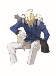 Rule 34 | absurdres, animal, animal on head, animal on lap, animal on shoulder, black cat, blonde hair, blue jacket, cat, collared shirt, commentary request, gloves, graham aker, grey cat, grey necktie, gundam, gundam 00, head down, highres, invisible chair, jacket, long sleeves, nanao parakeet, necktie, on head, on lap, open mouth, pants, petting, shirt, short hair, simple background, sitting, very short hair, white background, white cat, white gloves, white pants, white shirt