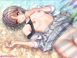 Rule 34 | 1girl, artist name, asakura toru, bare shoulders, black necktie, blue eyes, blue hair, blurry, blurry foreground, blush, breasts, censored, closed mouth, clothes lift, collarbone, commentary request, cowboy shot, day, dress shirt, earrings, fingernails, from above, gradient hair, grey skirt, groin, hands up, heart, highres, idolmaster, idolmaster shiny colors, jewelry, looking away, looking to the side, lying, medium breasts, miniskirt, momo-chan atakku, mosaic censoring, multicolored hair, necktie, nipples, no bra, no panties, off shoulder, on back, open clothes, open shirt, outdoors, palm leaf, partially submerged, plaid, plaid skirt, purple hair, pussy, raised eyebrows, school uniform, shallow water, shirt, short hair, sideways glance, skirt, skirt lift, sleeves past elbows, sleeves pushed up, solo, two-tone hair, water, water drop, wet, wet clothes, wet hair, wet shirt, wet skirt, white shirt