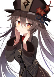 Rule 34 | 1girl, bead bracelet, beads, black hat, bracelet, brown hair, commentary request, e.o., flower, genshin impact, hair between eyes, hat, highres, hu tao (genshin impact), jewelry, long hair, long sleeves, looking at viewer, plum blossoms, red eyes, simple background, smile, solo, twintails, very long hair, white background