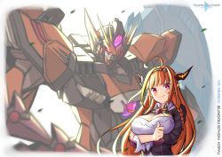 Rule 34 | 1girl, blush, breasts, character name, cleavage, cleavage cutout, clothing cutout, commentary, crossover, dragon girl, dragon horns, english commentary, fang, glowing, glowing eyes, gundam, gundam build divers, gundam build divers re:rise, gundam epyon, gundam wing, highres, hololive, horns, kiryu coco, kiryu coco (1st costume), large breasts, logo parody, looking down, mecha, mobile suit, orange hair, parody, pinguinkotak, pointy ears, red eyes, robot, science fiction, skin fang, smile, thumbs up, title parody, v-fin, v-shaped eyebrows, virtual youtuber