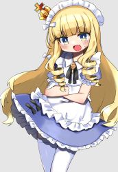 Rule 34 | 1girl, azur lane, blonde hair, blue eyes, blush, commentary request, crossed arms, crown, fang, gloves, grey background, hair ribbon, kotobacchi-jp, looking at viewer, maid, maid headdress, official alternate costume, open mouth, queen elizabeth (azur lane), queen elizabeth (yes your maidness!) (azur lane), ribbon, simple background, solo, thighhighs, white thighhighs