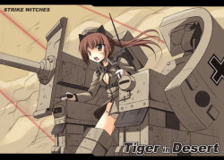Rule 34 | 1girl, animal ears, blush, breasts, brown hair, cat ears, charlotte lueder, cleavage, copyright name, cross, english text, engrish text, gloves, grey eyes, iron cross, iwa (alpaca oukoku), jacket, laser, letterboxed, long hair, long sleeves, military, military uniform, open mouth, panties, ponytail, ranguage, solo, strike witches, striker unit, underwear, uniform, white gloves, white panties, witches of africa, world witches series