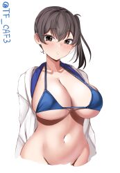 Rule 34 | 1girl, bikini, blue bikini, breasts, brown eyes, brown hair, cleavage, commentary request, groin, highres, japanese clothes, kaga (kancolle), kantai collection, kimono, large breasts, long sleeves, looking at viewer, medium hair, navel, open clothes, open kimono, ponytail, side ponytail, simple background, solo, swimsuit, tf cafe, twitter username, upper body, white background