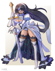Rule 34 | alternate hair length, alternate hairstyle, blindfold, boots, cleavage cutout, clothing cutout, dark-skinned female, dark skin, dress, floating hair, gloves, grey leotard, highres, holding, holding sword, holding weapon, juliet sleeves, leaning forward, leotard, long hair, long sleeves, mole, mole under mouth, nier (series), nier:automata, oomasa teikoku, puffy sleeves, solo, sword, thigh boots, thighhighs, weapon, white dress, white footwear, white gloves, 2p (nier:automata)