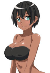 Rule 34 | 1girl, :3, aqua eyes, arms at sides, bandeau, bare arms, bare shoulders, black hair, black tube top, blush, breasts, cleavage, closed mouth, collarbone, covered erect nipples, dark-skinned female, dark skin, female focus, hair between eyes, large breasts, lips, looking at viewer, midriff, neck, original, ra-pen, shiny skin, short hair, smile, solo, strapless, tube top, upper body, white background