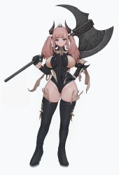 Rule 34 | 1girl, black footwear, blue eyes, blush, boots, breasts, closed mouth, expressionless, full body, gluteal fold, hand on own hip, highres, holding, holding weapon, large breasts, long hair, mole, mole under eye, original, pink hair, rabbit (wlsdnjs950), simple background, solo, thigh boots, thighhighs, twintails, weapon, white background