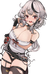 Rule 34 | 1girl, :d, appleseed (appleseed art), arm under breasts, black collar, black hair, black panties, braid, breasts, collar, fingerless gloves, gloves, grey hair, hair ornament, hairclip, highres, holding, holding collar, hololive, large breasts, legwear garter, long hair, looking at viewer, multicolored hair, open mouth, panties, red eyes, sakamata chloe, shirt, smile, solo, streaked hair, thighhighs, torn clothes, torn thighhighs, underwear, virtual youtuber, white shirt, x hair ornament