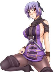 Rule 34 | &gt;:(, 1girl, armor, ayane (doa), bare shoulders, black pantyhose, blush, boots, breastplate, breasts, cleavage, company connection, cosplay, covered erect nipples, crotch seam, cuffs, dead or alive, dress, frown, grey thighhighs, headband, high heels, kagero deception, kagerou: kokumeikan shinshou, large breasts, leg lift, looking at viewer, metadora, microskirt, millennia, millennia (cosplay), millennia (kagero), millennia (kagero) (cosplay), ninja, no bra, panties, panties under pantyhose, pantyhose, pantyshot, purple dress, purple hair, red eyes, short dress, short hair, side slit, sideboob, simple background, skirt, sleeveless, sleeveless dress, solo, spread legs, tecmo, thigh boots, thighhighs, turtleneck, underwear, upskirt, v-shaped eyebrows, white background