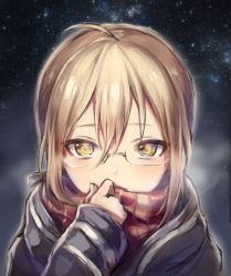 Rule 34 | 1girl, ahoge, artoria pendragon (fate), bad id, bad pixiv id, black coat, blonde hair, blush, breath, coat, cold, covering own mouth, fate/grand order, fate (series), gary25566, glasses, hair between eyes, long sleeves, looking at viewer, mysterious heroine x alter (fate), mysterious heroine x alter (first ascension) (fate), night, night sky, plaid, plaid scarf, red scarf, rimless eyewear, scarf, short hair, sidelocks, sketch, sky, solo, star (sky), starry sky, tsurime, upper body, yellow eyes