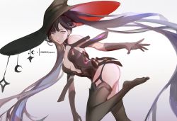 Rule 34 | 1girl, absurdly long hair, alternate costume, artist name, black dress, black gloves, black hair, breasts, cleavage, crescent, crescent hat ornament, dress, elbow gloves, garter straps, genshin impact, gloves, grey eyes, hat, hat ornament, long hair, mona (genshin impact), nevercrymoon, open mouth, plunging neckline, short dress, solo, standing, standing on one leg, star (symbol), star hat ornament, thighhighs, twintails, very long hair, witch, witch hat