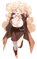 Rule 34 | 1girl, :d, ankle boots, belt, colored eyelashes, blonde hair, boots, breasts, brown belt, brown coat, brown footwear, brown skirt, cleavage, coat, drill hair, fingernails, full body, highres, jewelry, large breasts, long hair, long sleeves, looking at viewer, mofu mofuko (ryusei hashida), necklace, one eye closed, open clothes, open coat, open mouth, original, pointing, pointing at viewer, red eyes, ryusei hashida, sharp teeth, simple background, skirt, smile, solo, standing, standing on one leg, teeth, twin drills, twintails, white background