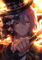 Rule 34 | 1boy, absurdres, asymmetrical bangs, blue hair, checkered clothes, checkered headwear, closed mouth, commentary request, frilled sleeves, frills, hair between eyes, hat, highres, holding, holding stick, kamishiro rui, long sleeves, looking at viewer, male focus, multicolored hair, project sekai, purple hair, short hair, solo, stick, straight-on, streaked hair, yellow eyes, yuzuha wasa, zenryoku! wonder halloween! (project sekai)