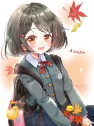 Rule 34 | 1girl, :d, absurdres, autumn, autumn leaves, backpack, bag, bag charm, blush, brown eyes, brown hair, buttons, charm (object), collared shirt, english text, hacosumi, hair ornament, hairclip, highres, leaf, long skirt, long sleeves, looking at viewer, maple leaf, medium hair, neck ribbon, open mouth, original, ribbon, shirt, skirt, smile, solo, striped clothes, striped skirt, sweater, v arms