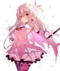 Rule 34 | 1girl, ascot, bare shoulders, blush, breasts, cape, earrings, fate/kaleid liner prisma illya, fate (series), feather hair ornament, feathers, gloves, hair ornament, holding, holding wand, illyasviel von einzbern, jewelry, kaleidostick, long hair, looking at viewer, magical girl, magical ruby, open mouth, pink feathers, pink sleeves, pink thighhighs, prisma illya, red eyes, simple background, small breasts, smile, soukou makura, sparkle, thighhighs, thighs, wand, white background, white gloves, white hair, yellow ascot