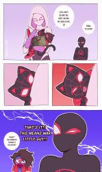 Rule 34 | akanbe, bodysuit, cat, comic, english text, eyelid pull, hallsth-eien, heart, highres, hug, jealous, jewelry, laughing, lightning, marvel, mask, meows morales, narrowed eyes, spider-gwen, spider-man: across the spider-verse, spider-man (miles morales), spider-man (series), spider-man india, spider-verse, tongue, tongue out