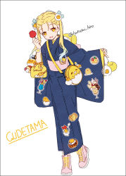 Rule 34 | 1girl, :d, bag, blonde hair, blue hair, blue kimono, blush stickers, candy apple, egg, food, full body, gradient hair, hair strand, hakusai (tiahszld), holding, holding food, japanese clothes, kimono, long hair, long sleeves, multicolored hair, obi, open mouth, original, pinching sleeves, pink footwear, sanrio, sash, shoes, shoulder bag, sidelocks, sleeves past wrists, smile, solo, standing, standing on one leg, twitter username, white background, wide sleeves, yellow eyes
