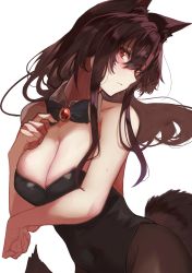 Rule 34 | 1girl, absurdres, alternate costume, animal ears, bare arms, bare shoulders, black bow, black bowtie, black leotard, blush, bow, bowtie, breasts, brooch, brown hair, cleavage, commission, cowboy shot, detached collar, hair between eyes, highres, imaizumi kagerou, jewelry, leotard, long hair, looking at viewer, medium breasts, nontraditional playboy bunny, pantyhose, playboy bunny, red eyes, simple background, solo, tail, takena-c, touhou, white background, wolf ears, wolf tail