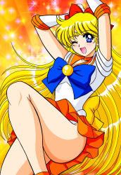 Rule 34 | 1girl, ;d, aino minako, arm behind head, arms up, bare legs, bishie sparkle, bishoujo senshi sailor moon, blonde hair, blue bow, blue eyes, bow, breasts, collarbone, commentary, cowboy shot, earrings, elbow gloves, eyelashes, frilled skirt, frills, gloves, hair bow, hair ornament, hair ribbon, highleg, highleg leotard, highres, jewelry, knee up, leotard, long hair, looking at viewer, magical girl, medium breasts, one eye closed, open mouth, orange skirt, parody, red bow, ribbon, sailor venus, short sleeves, skirt, smile, solo, sparkle background, tatsumi kyouhei, thighs, tiara, very long hair, white gloves, white leotard