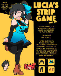 Rule 34 | 1girl, black eyes, black hair, black pantyhose, black shirt, blue bow, blue dress, bow, breasts, brown footwear, crab, dress, earrings, english text, hair bow, highres, jewelry, leg up, long hair, long sleeves, looking at viewer, lucia (scott malin), medium breasts, meme, one eye closed, open mouth, original, outline, pantyhose, ponytail, scott malin, shirt, shoes, sleeves past wrists, smile, solo, standing, twitter strip game (meme), yellow background, yellow outline