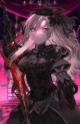 Rule 34 | 1girl, artist request, ascot, black capelet, black dress, black flower, black headwear, black rose, breasts, capelet, dress, fate/grand order, fate (series), flower, grey eyes, indoors, kriemhild (fate), kriemhild (first ascension) (fate), long hair, looking at viewer, medium breasts, mole, mole under eye, rose, scolding, solo, sword, veil, weapon