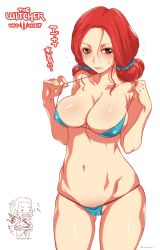 Rule 34 | 1boy, 1girl, absurdres, adjusting clothes, adjusting swimsuit, bikini, blush, breasts, brown eyes, cleavage, geralt of rivia, half updo, highres, large breasts, long hair, looking at viewer, micro bikini, mudou eichi, navel, red hair, short hair, simple background, sweatdrop, swimsuit, the witcher (series), the witcher 3, translated, triss merigold