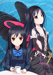 Rule 34 | 10s, 1girl, accel world, aloner, antenna hair, bare shoulders, black hair, brown eyes, bug, butterfly, butterfly wings, dual persona, insect, insect wings, kuroyukihime, school uniform, wings