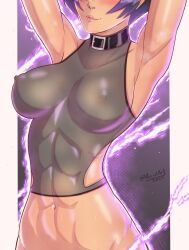 Rule 34 | 1girl, abs, absurdres, accidart, armpits, arms up, blush, breasts, covered erect nipples, face out of frame, female focus, highres, medium breasts, multicolored hair, namco, purple hair, reina (tekken), reina mishima, see-through, self-upload, simple background, smile, solo, sweat, tekken, tekken 8, toned body, toned female, twitter username, two-tone hair