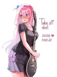 Rule 34 | 1girl, @ @, absurdres, arrow (symbol), black shirt, blue eyes, blush, bocchi the rock!, breasts, collarbone, commentary, cube hair ornament, english commentary, english text, gotoh hitori, guitar, hair between eyes, hair ornament, heart, highres, holding, holding instrument, instrument, large breasts, long hair, looking away, machulanko, meme, miniskirt, open mouth, pink hair, pleated skirt, purple skirt, shirt, short sleeves, simple background, skirt, smile, solo, standing, t-shirt, tongue, twitter strip game (meme), white background