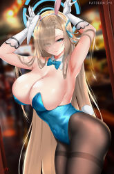 Rule 34 | 1girl, animal ears, armpits, asuna (blue archive), asuna (bunny) (blue archive), bare shoulders, blue archive, blue eyes, blue leotard, blush, bow, bowtie, breasts, brown pantyhose, cleavage, cyicheng, detached collar, elbow gloves, fake animal ears, gloves, grin, hair over one eye, highleg, highleg leotard, large breasts, leotard, light brown hair, long hair, looking at viewer, mole, mole on breast, pantyhose, playboy bunny, rabbit ears, rabbit pose, smile, solo, thighs, traditional bowtie, white gloves