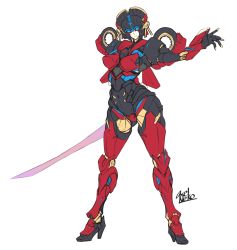 Rule 34 | absurdres, arm behind back, artist name, autobot, axelnekokitty, blue eyes, energy sword, flame toys windblade, highres, holding, holding sword, holding weapon, looking at viewer, mechanical wings, outstretched arms, sword, transformers, weapon, white background, windblade, wings