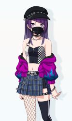 Rule 34 | 1girl, alternate hairstyle, belt, choker, earrings, face mask, fishnet pantyhose, fishnets, hat, idolmaster, idolmaster shiny colors, jewelry, mask, nail polish, navel, necklace, off shoulder, official art, pantyhose, plaid, plaid skirt, pleated skirt, purple eyes, purple hair, single thighhigh, skirt, solo, tanaka mamimi, thighhighs
