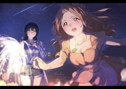 Rule 34 | 2girls, blue hair, blue shirt, blue shorts, blush, breasts, brown eyes, brown hair, cleavage, closed mouth, collarbone, dress, fireworks, hands up, hibike! euphonium, highres, holding fireworks, jewelry, kenzaki ririka, kuziaaizuk, leaning forward, liz to aoi tori, long hair, looking at another, looking at viewer, medium breasts, multiple girls, necklace, night, night sky, open mouth, orange dress, outdoors, outstretched arms, pink eyes, shirt, shooting star, short sleeves, shorts, sky, smile, sparkler, spread arms, standing, star (sky), teeth, upper teeth only, yoroizuka mizore