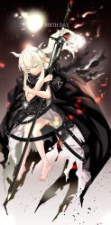 Rule 34 | 1girl, arknights, barefoot, black cloak, blonde hair, cloak, closed eyes, closed mouth, commentary request, dress, floating hair, full body, grey dress, hair between eyes, highres, holding, holding polearm, holding weapon, horns, long hair, mosuke, pointy ears, polearm, shining (arknights), solo, spear, torn cloak, torn clothes, torn dress, weapon