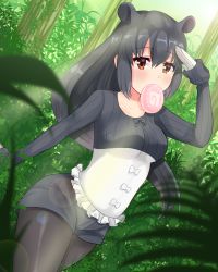 Rule 34 | 10s, 1girl, animal ears, arm at side, black hair, black pantyhose, black ribbon, black shirt, black shorts, blurry, blush, bow, breasts, brown eyes, bush, collarbone, cowboy shot, depth of field, dot nose, eyelashes, food, food in mouth, forest, frilled shirt, frills, from side, hair between eyes, hand on forehead, hand up, highres, japari bun, japari symbol, kemono friends, leaf, long hair, long sleeves, looking at viewer, malayan tapir (kemono friends), medium breasts, mei (meeei8818), multicolored clothes, multicolored shirt, nature, neck ribbon, outdoors, palm leaf, pantyhose, pantyhose under shorts, plant, ribbon, shirt, shorts, sidelocks, solo, striped clothes, striped shirt, tapir ears, tree, vertical-striped clothes, vertical-striped shirt, very long hair, white bow, white shirt
