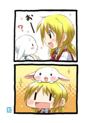 Rule 34 | 00s, 1girl, :3, :d, ?, blonde hair, blush, blush stickers, comic, eretto, hidamari sketch, low twintails, miyako (hidamari sketch), open mouth, silent comic, smile, sparkle, twintails, wide face
